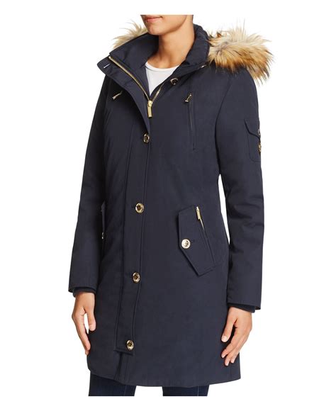 michael michael kors snap front parka faux fur trim coat